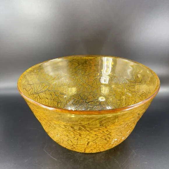 Studio Art Glass Large Bowl Dish Yellow Lava Texture HandBlown Glass Centerpiece
